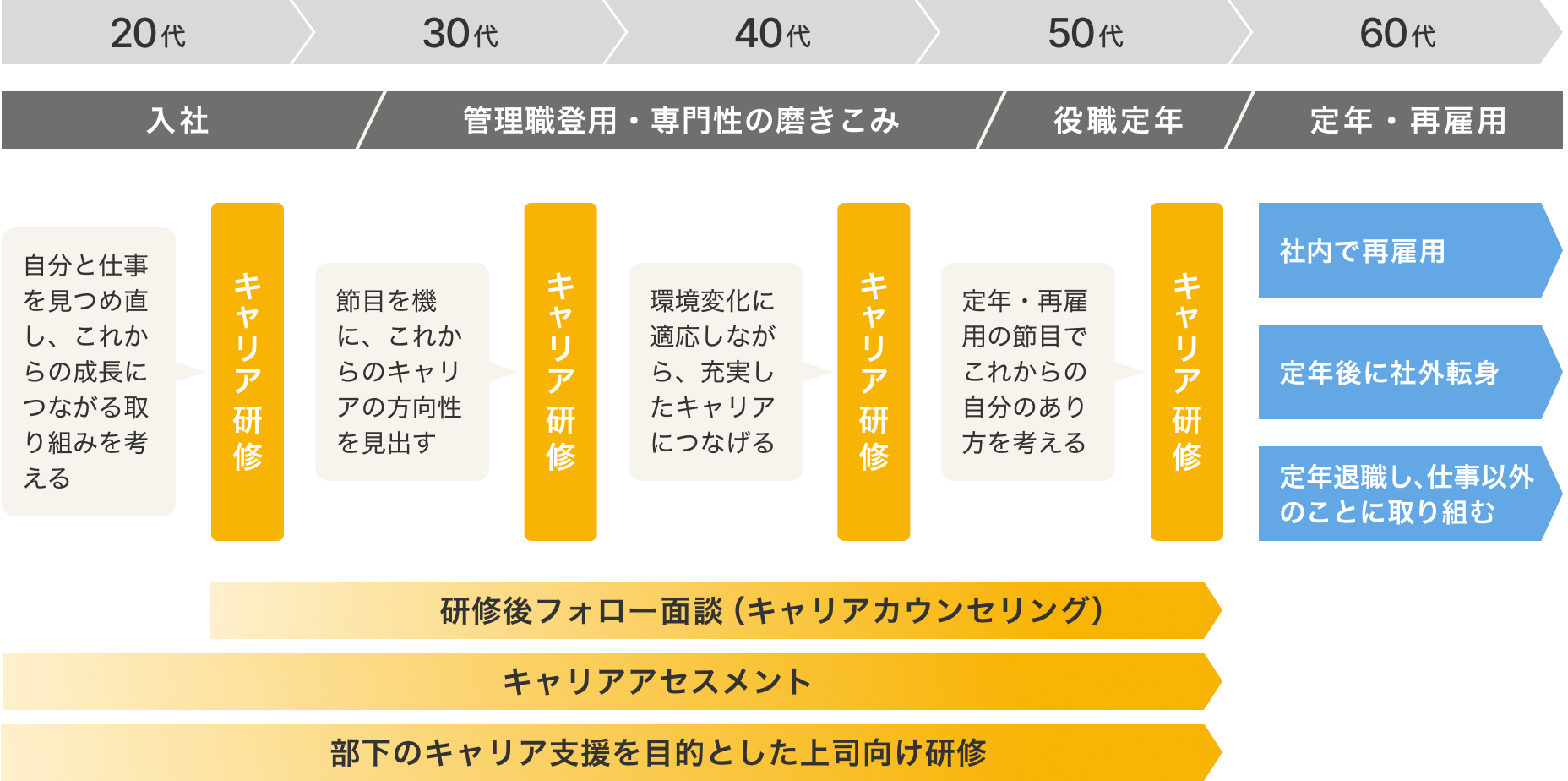 20代〜60代の各年代の従業員に対してご提供するキャリア自律支援サービスのトータルソリューションを示す図